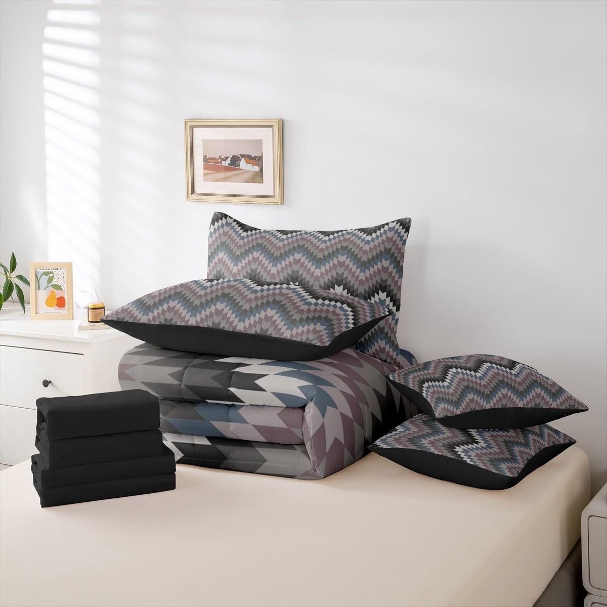 Erosebridal Aztec Geometric Bed in A Bag King 7 Pcs Farmhouse Western Comforter Set for Women Men Country Native American Bedding Sets Black Grey Ethnic Aesthetic Sheet Set with Comforter