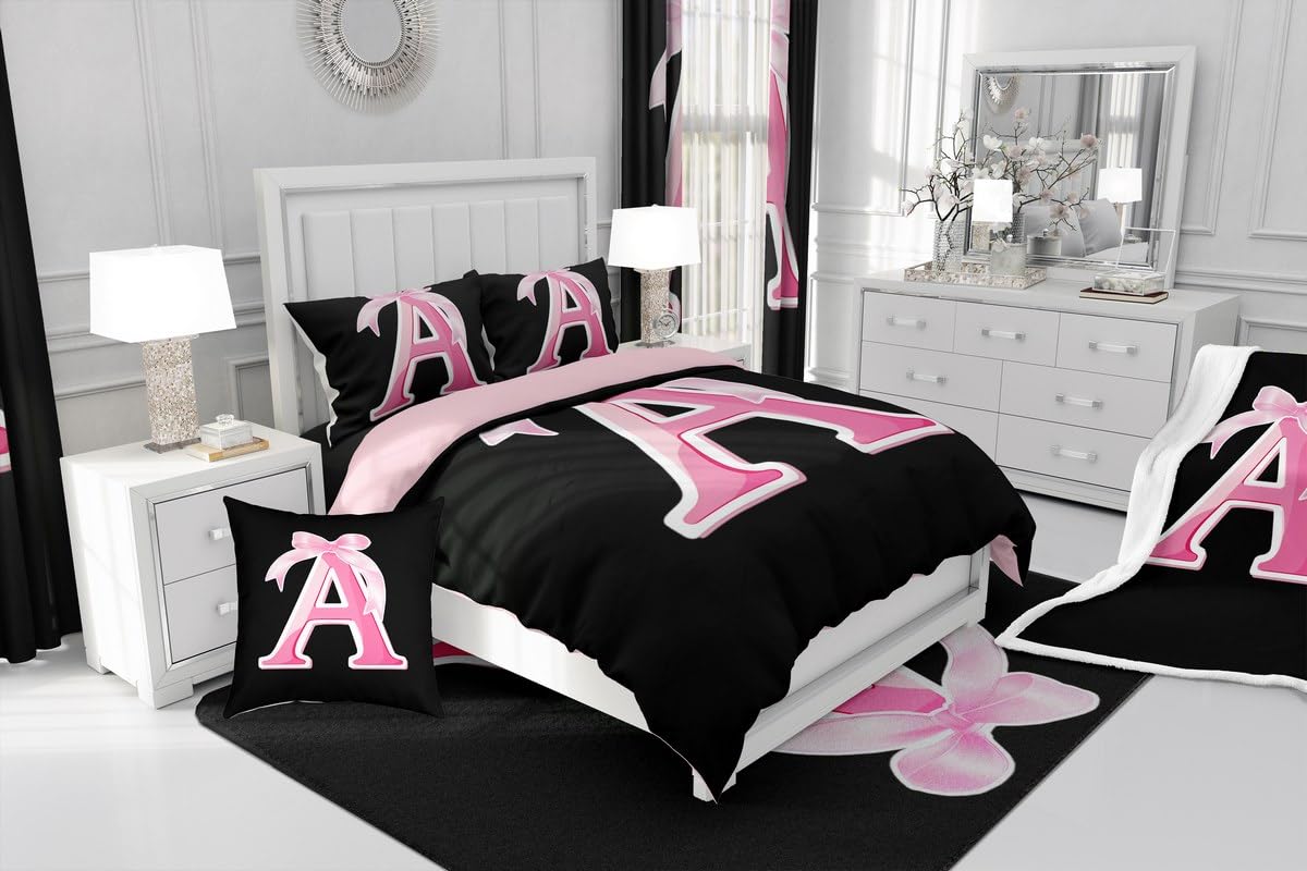 jejeloiu Kids Girls Black Pink Bow Comforter Set with Sheets Twin Size Monogrammed 7 Piece Bedding Set Personalized Initial A Bed in a Bag with Comforter,Sheets,Pillowcases Modern Fashion Bed Set