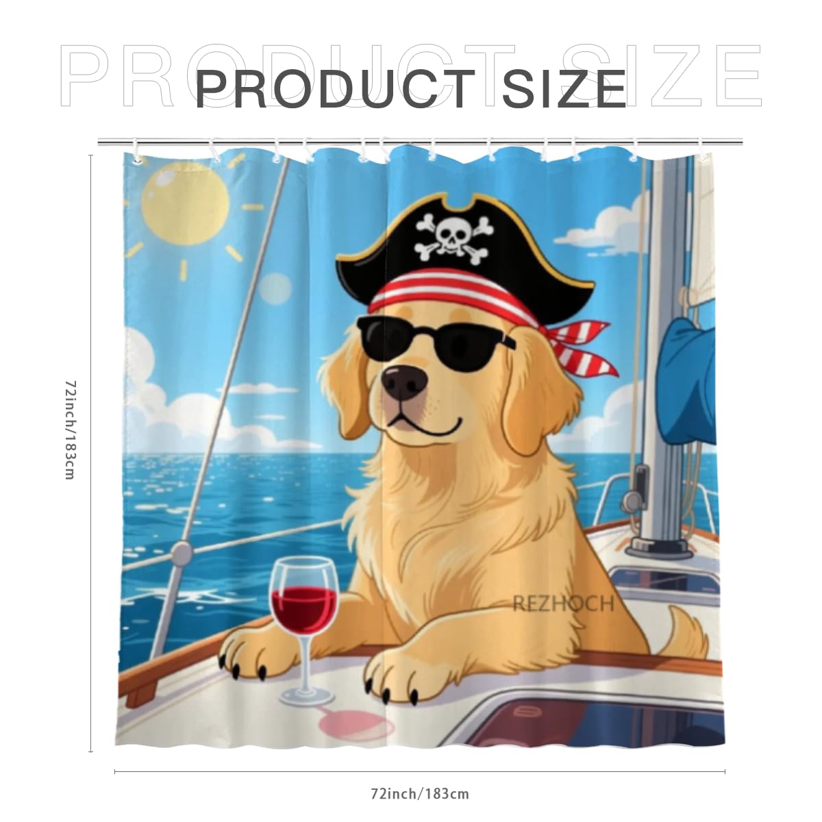 REZHOCH Funny Shower Curtain Cool Golden Retriever Wear Pirate Headscarf in Sunglasses Relaxing on Yacht Beach Bathroom Decor,Vacation Pet Art,Waterproof Fabric Curtain,72x72,12 Hooks