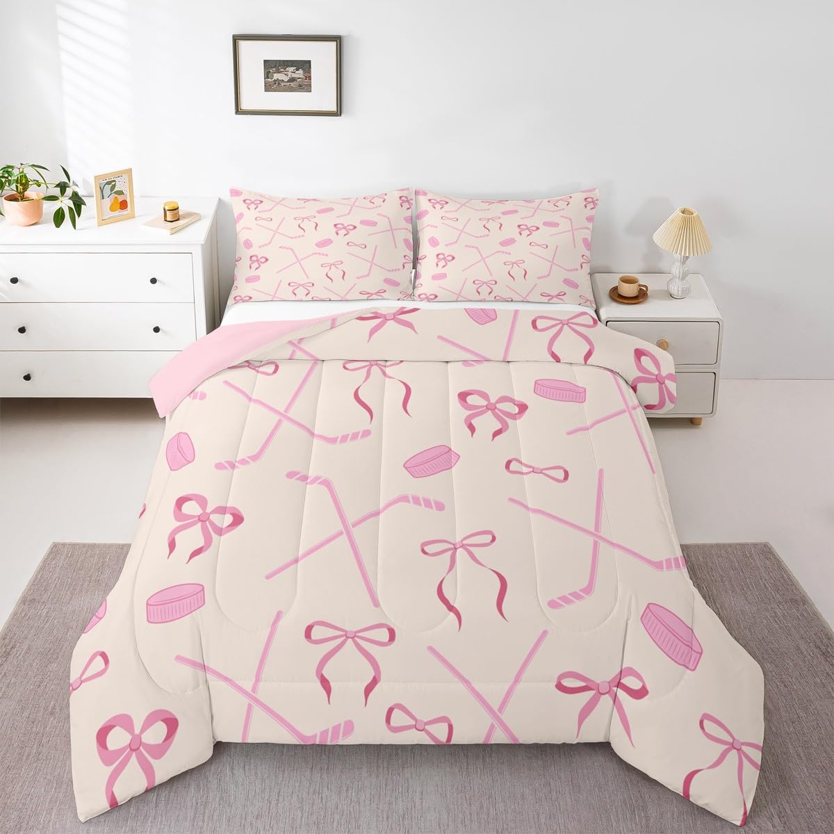 Castle Fairy Ice Hockey Full Bedding Set for Kids Adults,Girls Pink Hockey Stick and Ball Comforter Bed Set,Butterfly Bow Princess Style Quilt Set 3 PCS,Kawaii Girls Woman Duvet Insert,2 Pillow Cases
