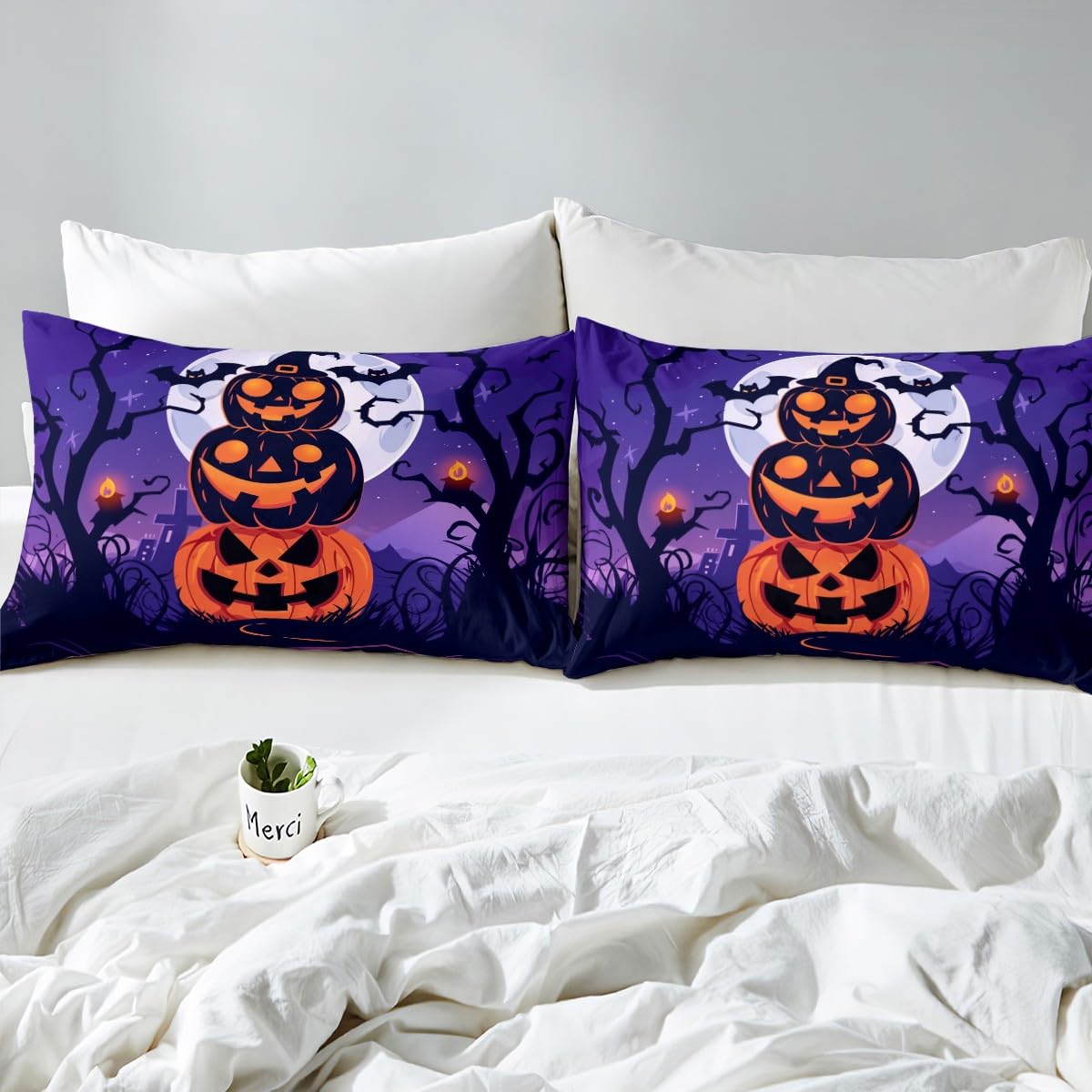 jejeloiu Halloween Decor Bed Sheets Set Twin Size Pumpkins Bed Set for Kids Boys Girls Bats Deep Pocket Fitted Sheet Dead Tree Breathable Soft Lightweight Microfiber