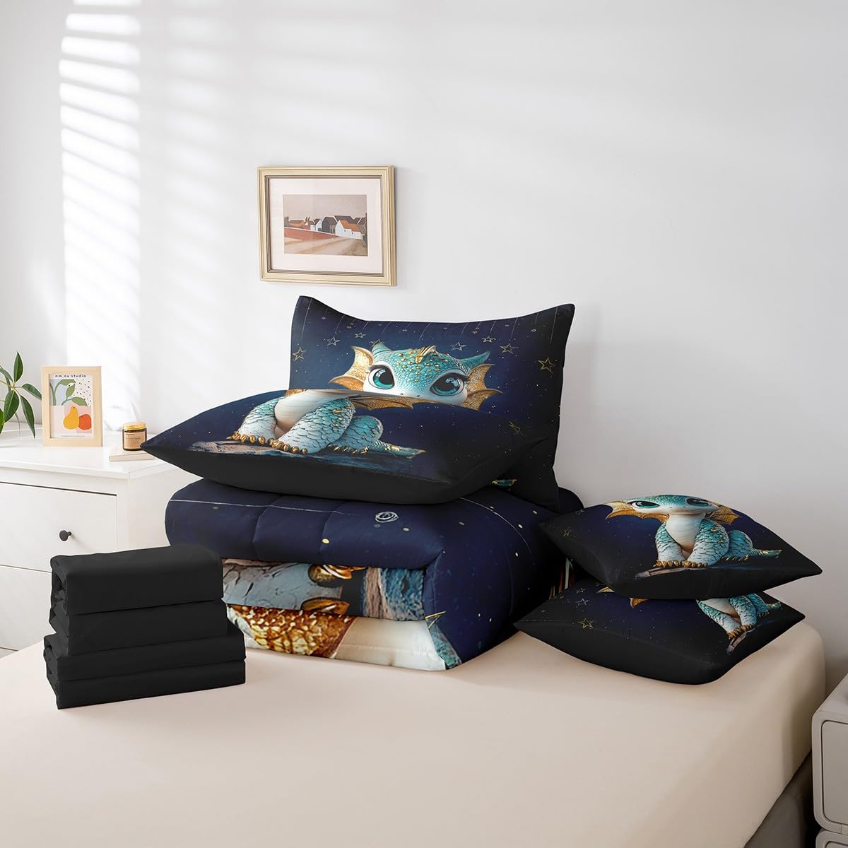 Feelyou Dragon Comforter Set with Sheets Twin Size Dragon Stuff Bed in a Bag for Boys Girls Teens Wild Life 7 Pieces Bedding Set Dragon Decor Bed Set Room Decor Navy Blue