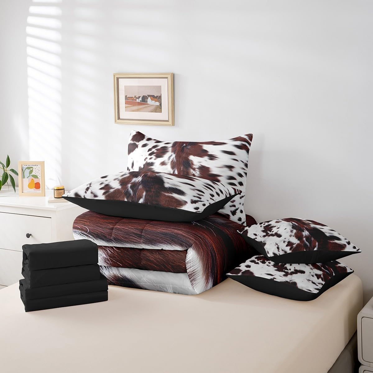 7 Piece Brown Cow Print Bed in a Bag Twin for Boys Girls Teens Western Rustic Farmhouse Theme Sheet Set Wild Animal Fur Print Bedding Set with Comforter, Black White Aztec Cow Print Cushion Covers