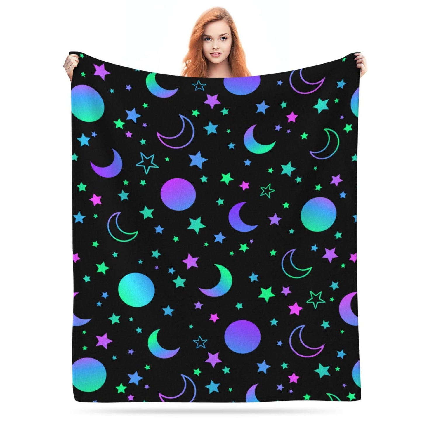 Mystical Bright Neon Sun Moon Star Blanket, Soft Blankets Flannel Bed Throw Cozy Lightweight Plush Gifts for Boys Girls Women Men Sofa Couch Bedroom Living Rooms Warm All Season, Home Decor, 50X40in