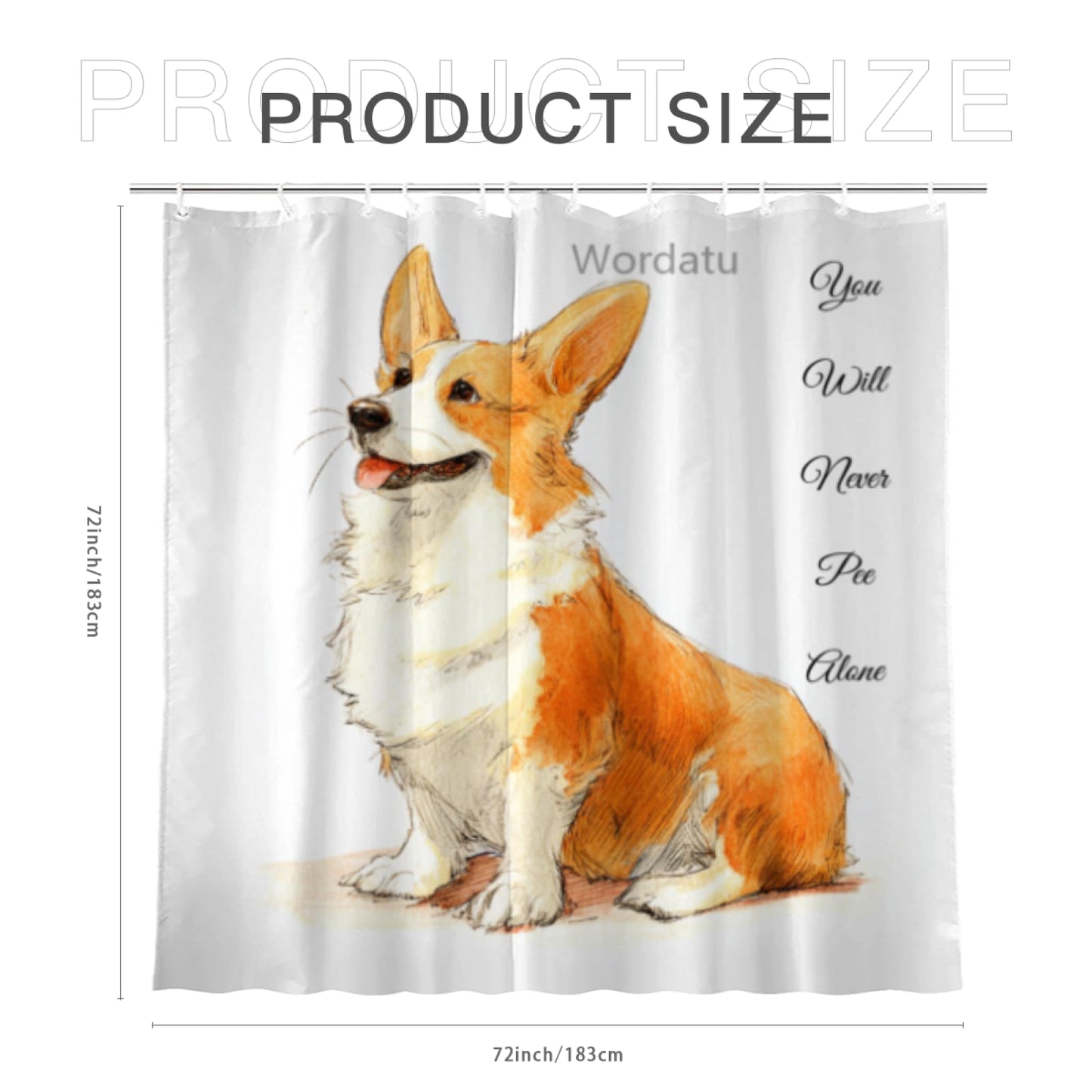 Wordatu Corgi Shower Curtain You Will Never Pee Alone Decor Fabric Bathroom Curtains, Kids Children Rustic 72x72 with 12 Hooks