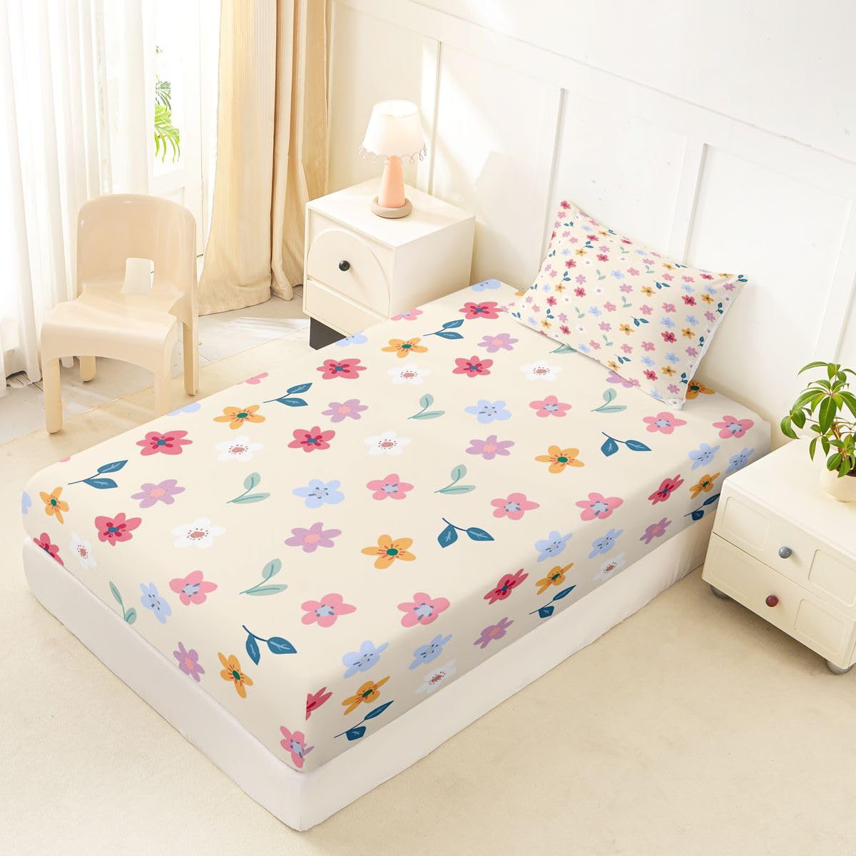 Erosebridal Cartoon Floral Bed Sheets Set Twin Boho Floral Leaves Sheet Set Farmhouse Flowers Plant Sheets Rainbow Wildflower Flat Fitted Sheet