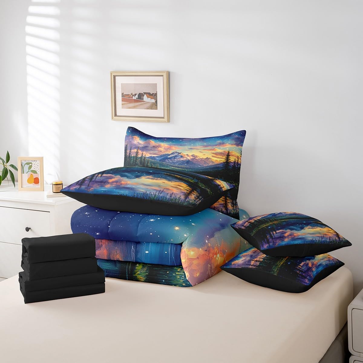 jejeloiu Mountain Lake Comforter Set with Sheets Twin Size Kids Dreamy Star Sky Tree 7 Pieces Bedding Set for Boys Girls Teens Nature Landscape Bed in a Bag Breathable Galaxy Bed Set Room Decor