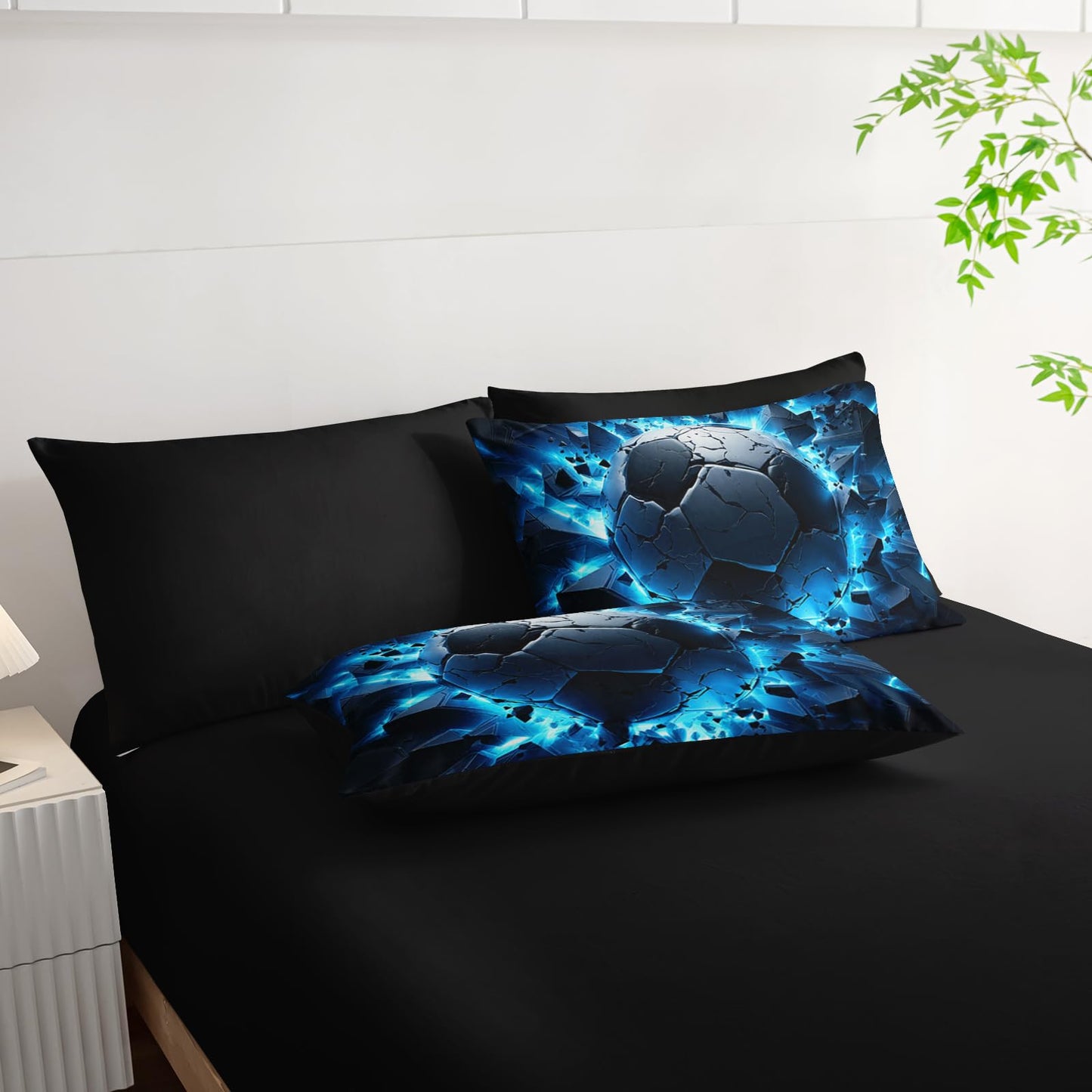 Nttopship Soccer Bedding Set Twin Size 7PCS for Adults, Blue Football Printed Bedding Sets 7 PCS,Ball Sports Themed Bedroom Decor Lightweight All Seasons with Pillowcases,Flat, Fitted Sheet