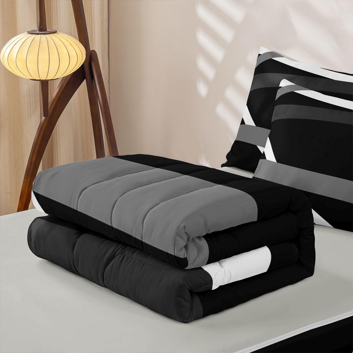 Erosebridal Gray Black White Striped Zippered Comforter Set for Adult Women Men - Modern Abstract Zipper Bedding Set Twin Size Geometric Lines Bed in a Bag Aesthetic Boho Comforter with Sheets