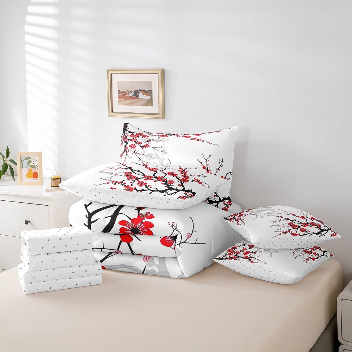 Erosebridal 7 Piece Red Cherry Blossoms Bed in a Bag for Adult Women Japanese-Style Sheet Set Nature Flower Bedding with Comforter Cherry Blossoms Romantic Theme Cushion Covers, Full Size