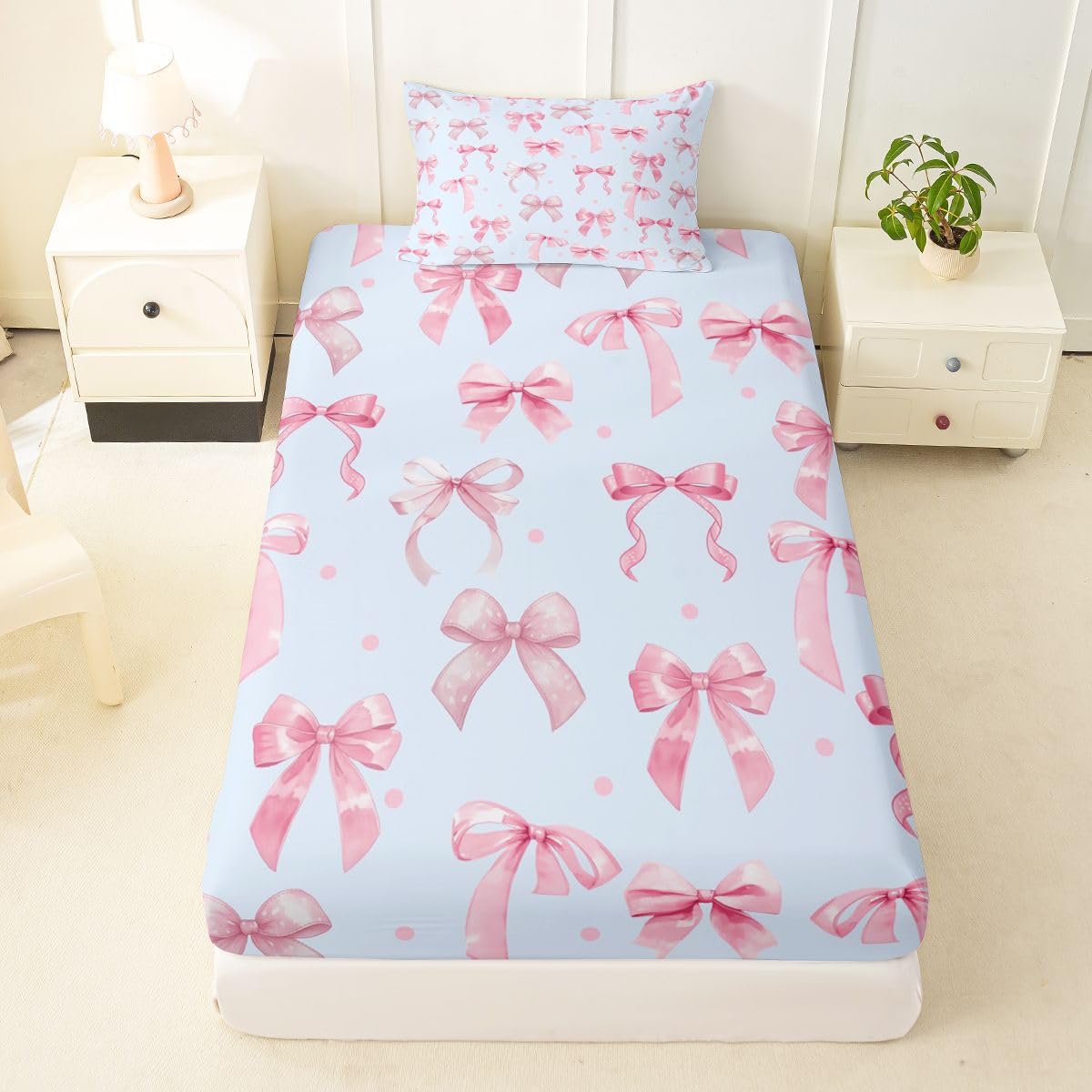 jejeloiu Cute Pink Blue Bow Fitted Sheet Twin Size for Kids Boys Girls Dreamy Princess Bowknot Bed Sheets Set 16" Deep Pocket Ribbon Bow Knot Bedding with 1 Pillowcase Room Decor