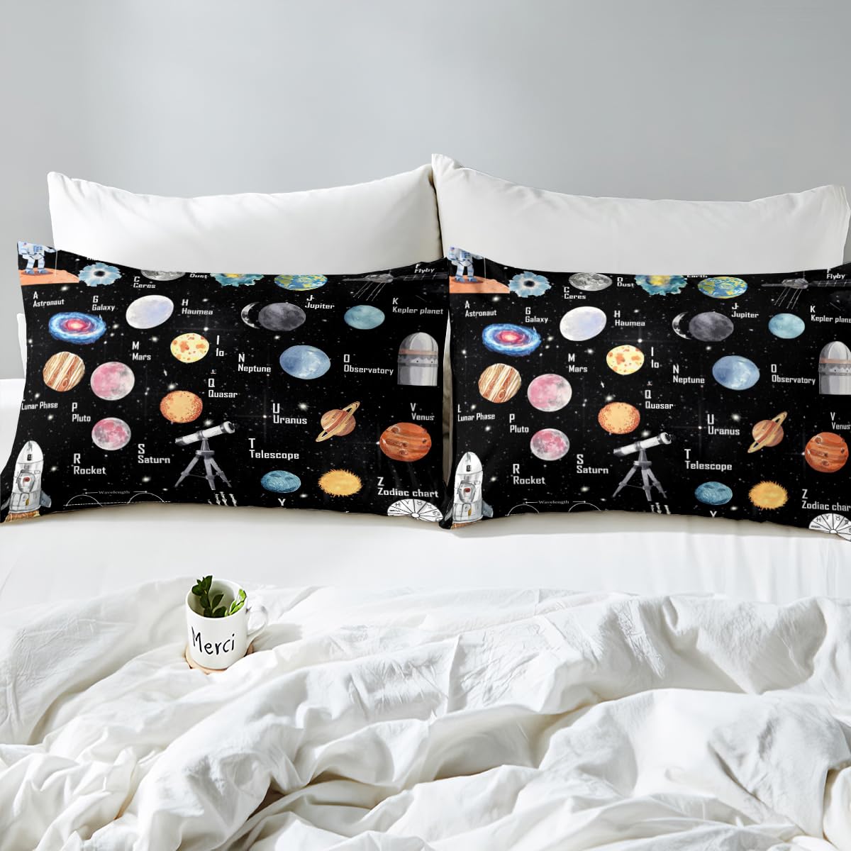 Solar System Bedding Set Twin Size for Boys Girls, ABC Alphabet Bed Sheet Set Solar System Alphabet Fitted Sheet Educational Bed Cover with 1 Pillow Case (No Flat Sheet)