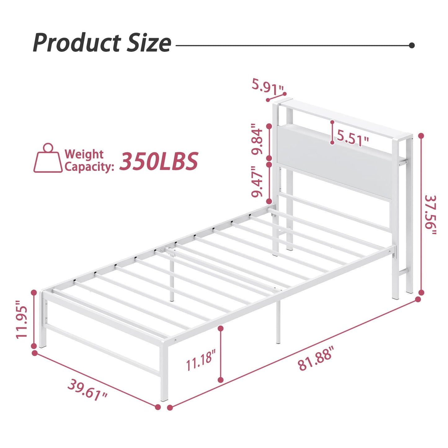 Weehom Twin Bed Frames for Kids, Twin Size Bed with 2 Tiers Wood Shelves Headboard No Box Spring Needed Easy Assembly Heavy Duty Metal Plaform, White