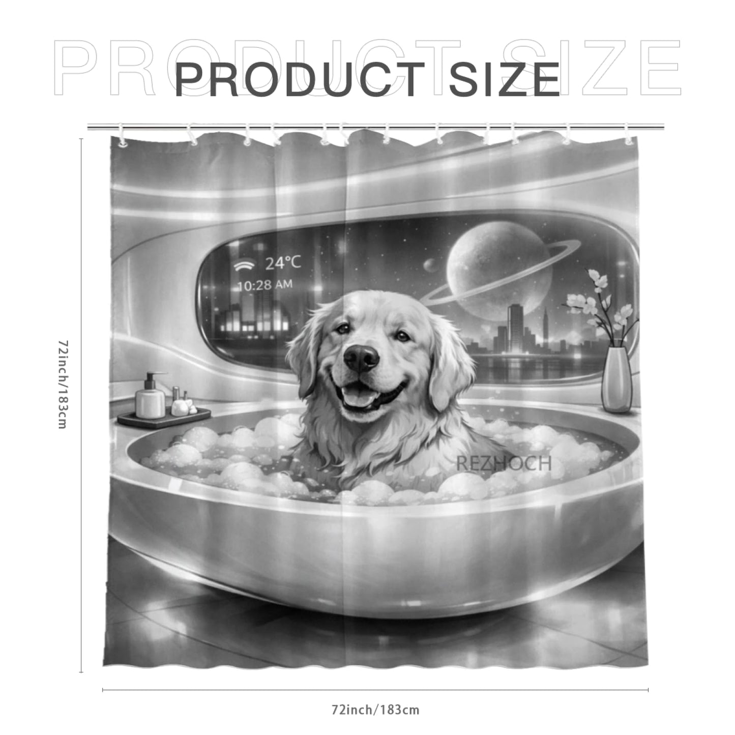 REZHOCH Black and White Fun Golden Retriever Dog Shower Curtain 72x72Inch,Futuristic Design Modern Minimalist Home Bathroom Decor,Cute Animal Bathtub Bubble Waterproof Bath Set with Hooks