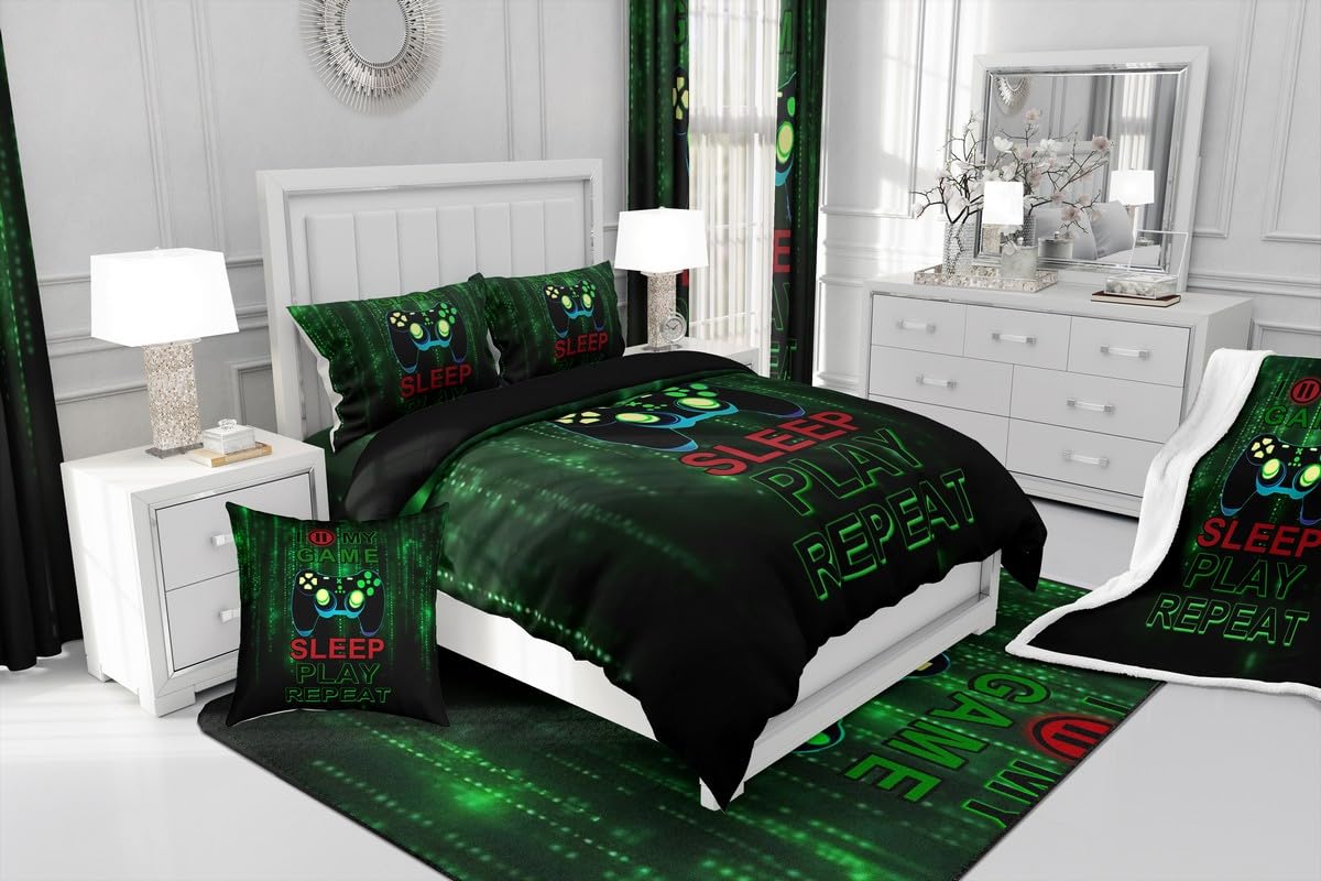 jejeloiu Gamer Comforter Set Twin Size Gaming Bedding Set for Kids Boys Girls Video Game Duvet Quilt Game Room Decor Bedroom Decor Microfiber 2 Pcs with 1 Pillow Cases