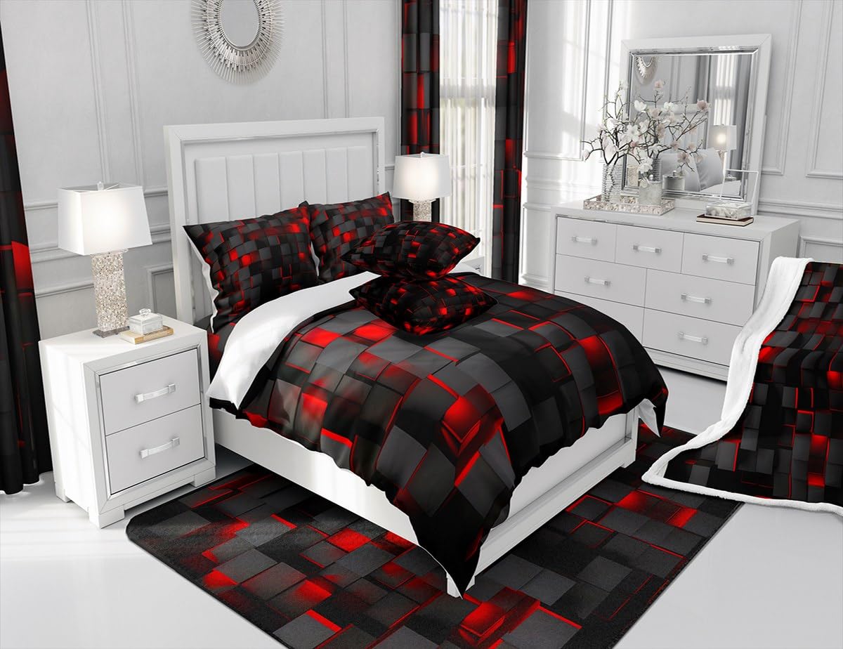 Feelyou Red and Black Bedding Set Full Size Light Geometric Comforter Set for Kids Boys Girls Decor Comforter Modern Duvet Set