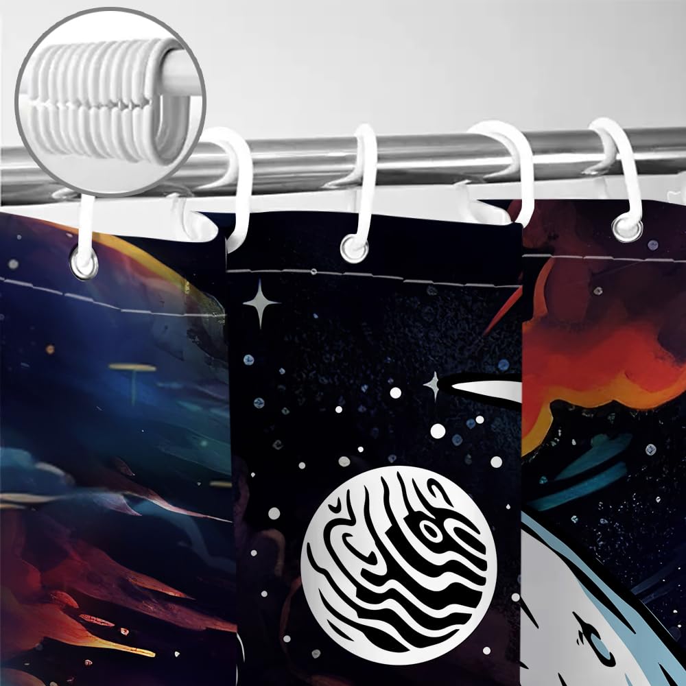 Sanzugh Funny Trippy Space Shower Curtain Astronaut Alien Curtains for Kids Men Boys Guys Bathroom, Cool Alien Planet Galaxy Fabric Shower Curtains Set Decoration with Hooks 72 X 72 inch Bath Decor