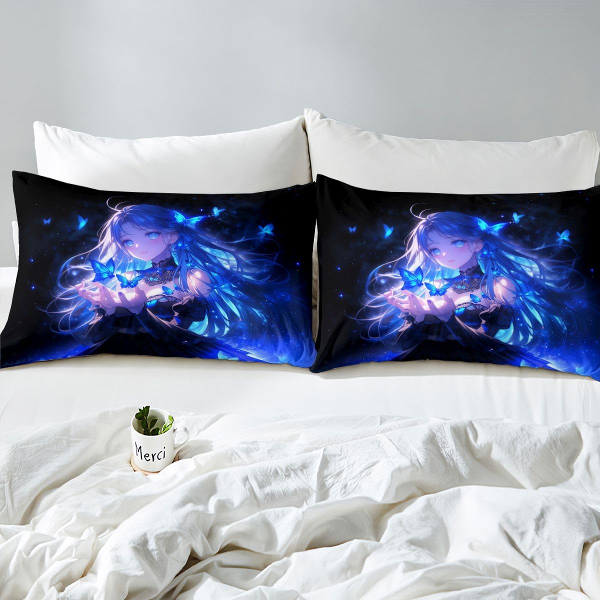 Erosebridal 3D Japanese Girl Fitted Sheet for Boys Girls Kids Blue Butterfly Decorations Queen Bed Sheets,Cartoon Sheets Anime Gifts for Her Bedding Sets, No Top Sheet