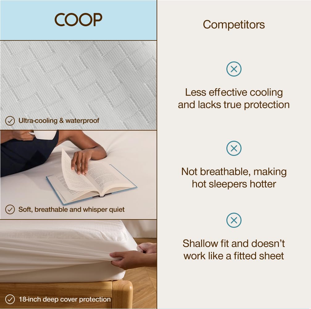Coop Home Goods Ultra-Cool Waterproof Mattress Protector, Queen, Cooling Mattress Protector, Machine Washable Cooling Bed Cover, Whisper Quiet Waterproof Bed Cover, Queen (60x80)