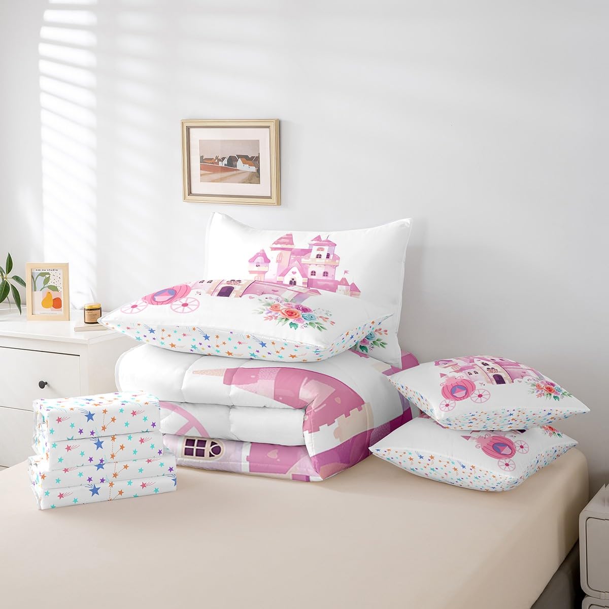 jejeloiu Pink Castle Comforter Set with Sheets Queen Size Kids Carriage 7 Pieces Bedding Set for Boys Girls Teens Dreamy Princess Decor Bed in a Bag Breathable Magic Bedroom Decor