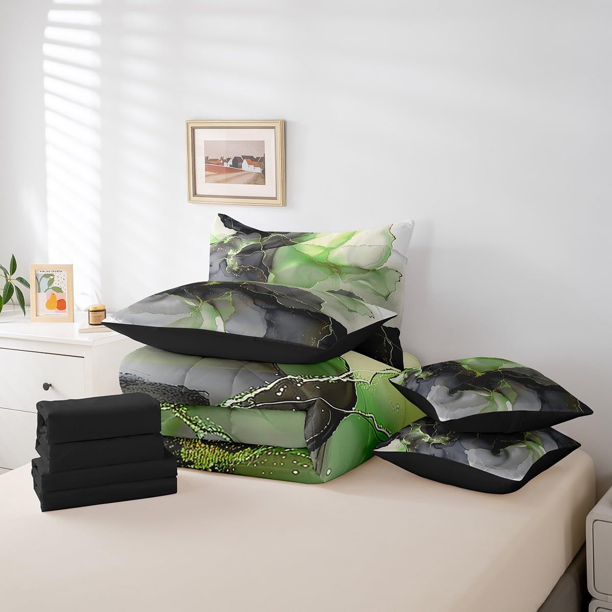 Erosebridal Black and Green Bed in a Bag 7pcs Aesthetic Marble Bedding Set for Girls Women, Foil Print Full Size Comforter Set Mountain Fluid Bedding Comforter Sets, Marbling Bed Set