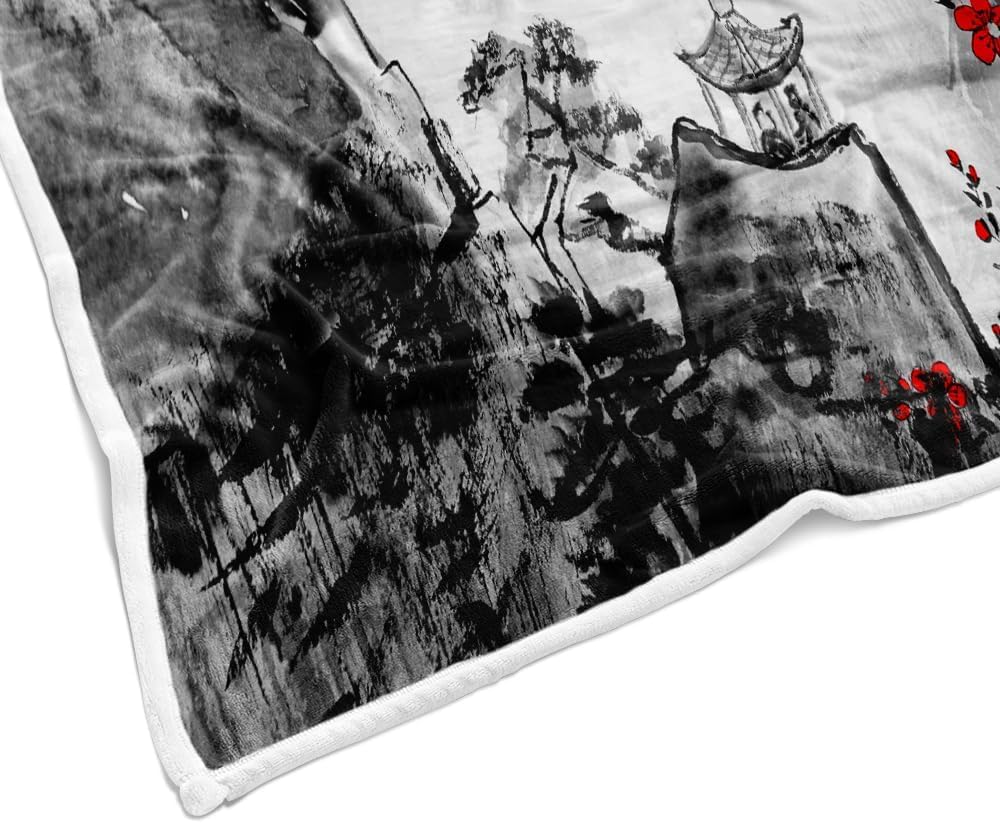 Japanese Blanket, Japanese Cherry Blossom Anime Blanket, Asian Ink Painting Asian Blankets, Red Plum Blossom & Mountain Landscape Soft Cozy Blankets for Couch, Bed, Office, Home Decor, 50X60 inch