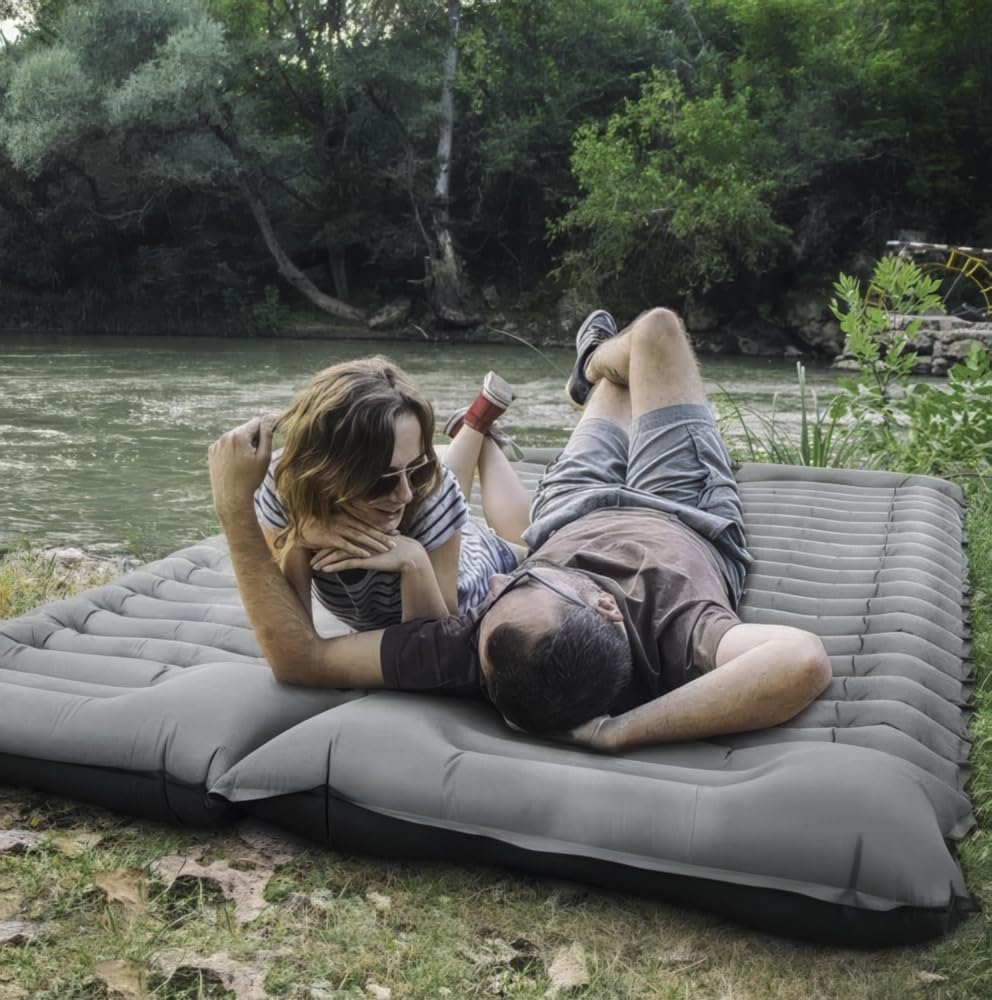 Inflatable Camping Mattress 205×130×10cm with Integrated Foot Pump, Waterproof Nylon Ripstop Travel Mattress for Outdoor Activities