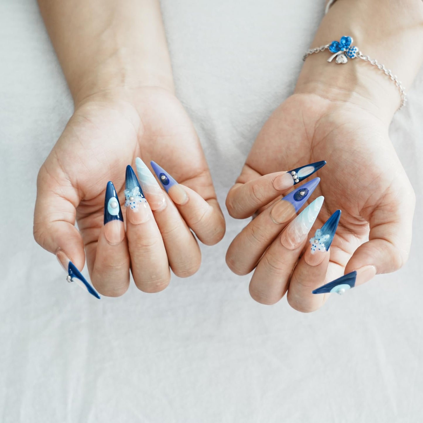Tesytto Handmade Ocean Blue French Tip Press on Nails Long Stiletto - Luxury 3D Shell & Pearl Design, Summer Beach Vacation Fake Nails (Oceanic Carving,M)