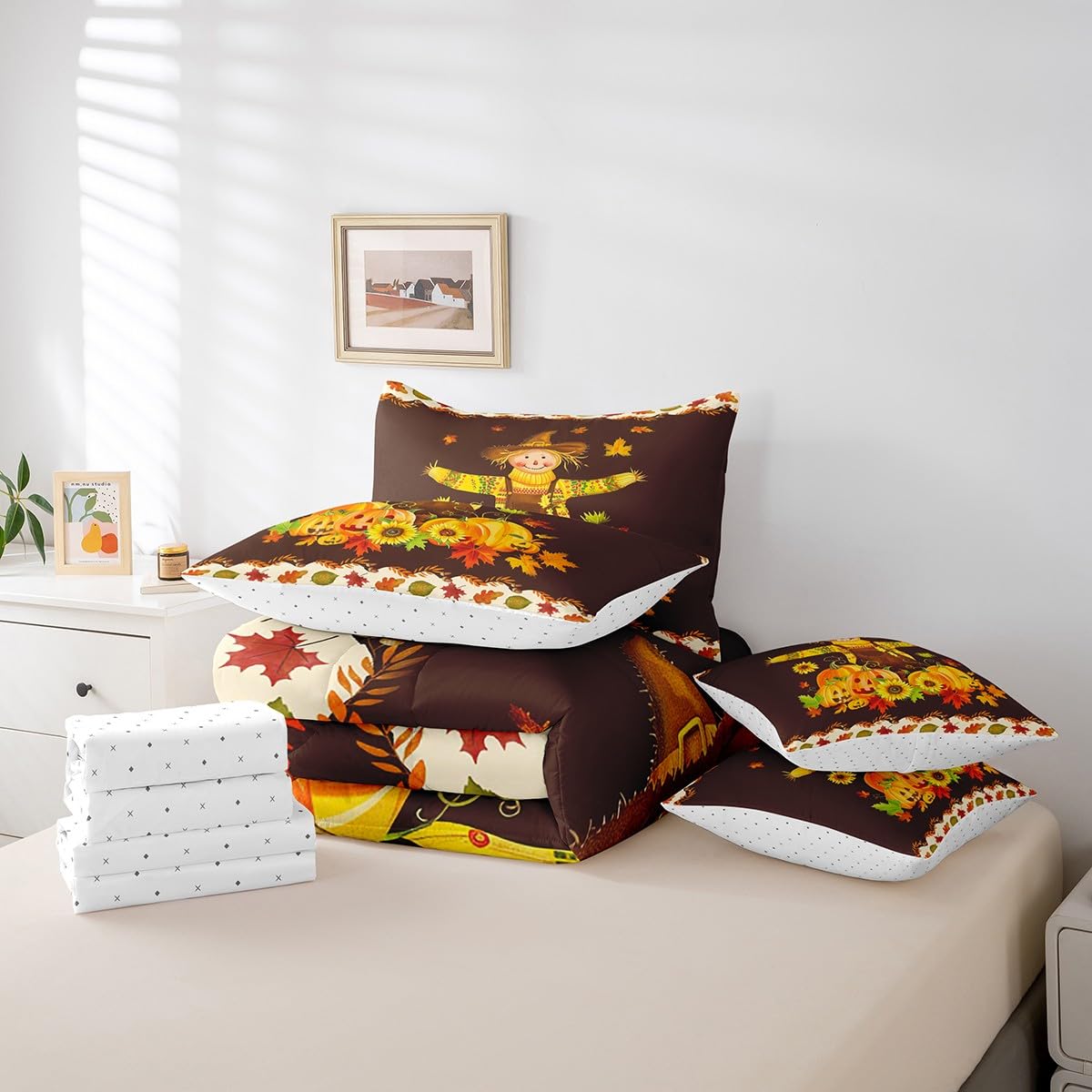 Erosebridal 7 Piece Fall Decor Bed in a Bag for Girls Women Thanksgiving Day Gifts,Autumn Harvest Themed Sheet Set Fall Season Bedding Comforter Rustic Farm Maple Leaf Pumpkin Cushion Covers Twin