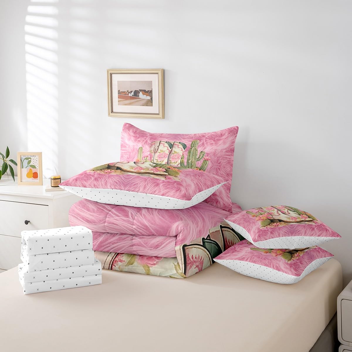 Feelyou Cowgirl Boots Comforter Set 7 Pieces Twin Size Kids, Western Pink Cow Fur Print Bedding Set Boys Girls, Floral Bed in a Bag,Comforter + Sheets + Pillowcases + Cushion Covers(No Real Fur)