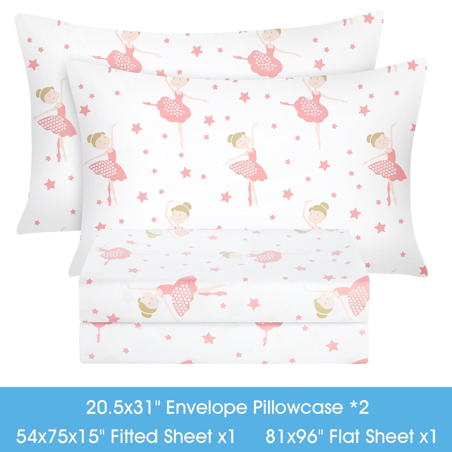 BYSURE Full Sheets Set Kids(Ballerina, Pink), 4 Pieces Easy Fit Deep Pocket Sheets Set for Girls, Breathable Wrinkle-Free Microfiber Bedding for Children