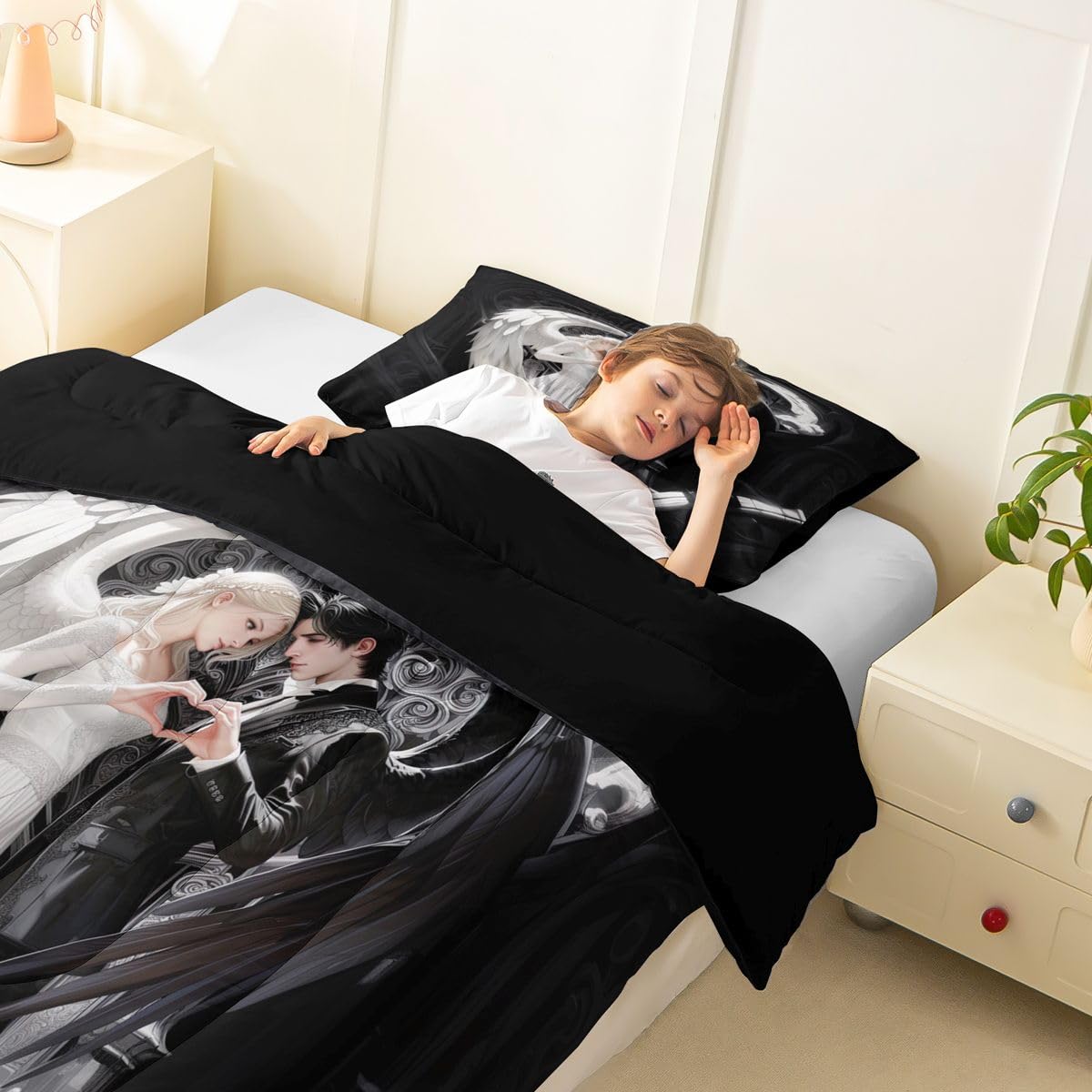 Erosebridal Angel Wings Kids Bedding | Black and White Angel Twin Comforter Sets,Romance Love Comforter Princess Fairy Style Duvet Insert with 1 Pillow Case