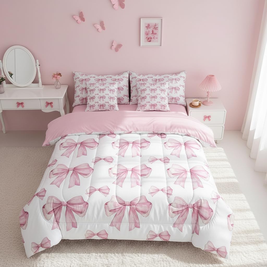 Erosebridal 7 Piece Pink Bowknot Kids Comforter Set King Bed in a Bag,Dreamy Princess Style Kids Girls Bedding Set for Women,Girly Bow Tie Bed Set,Romantic Valentine's Day Sheet Set Reversible Quilt