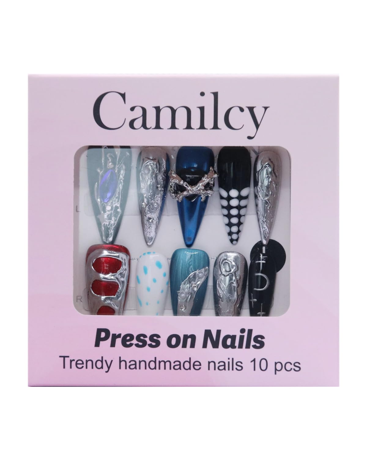 CAMILCY Luxury Handmade Press on Nails Long Stiletto Blue Black Silver Chrome Gothic Y2K Fake Nails with Charms Glossy Hand Painted Salon Acrylic Nail Art Tips for Women 10pcs (A047, M)