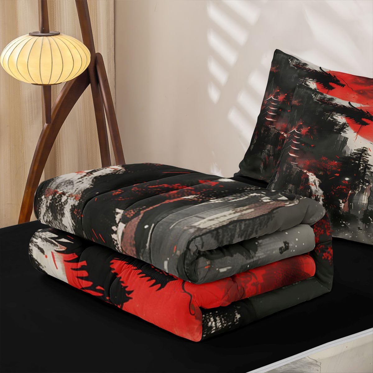 Erosebridal Japanese Samurai Zipper Bedding Black Dragon Twin Bed in a Bag Set for Boys Girls Teen Red Sun Mountain Kids Comforter Set with Fitted Sheet Retro Ink Painting Style Zip Up Bedding