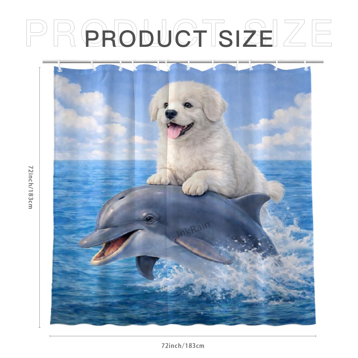 InkRain Ocean Great Pyrenees Shower Curtain with 12 Hooks Cute Puppy Riding Dolphin Bathroom Decor Waterproof Polyester Fabric Coastal Beach Bath Curtain 72x72 Inch