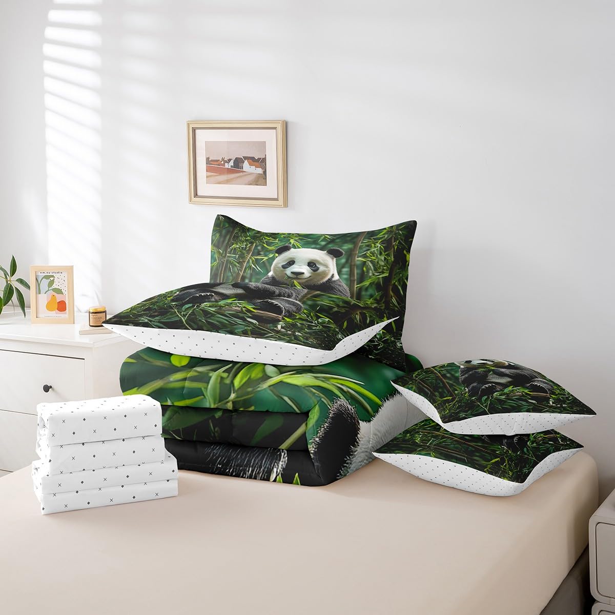 jejeloiu Cute Panda Comforter Set 7 Pieces Full Size Kids Panda Bear Printed Bed in a Bag for Boys Girls Animal Bedding Set Wild,Comforter + Sheets + Pillowcases + Cushion Covers