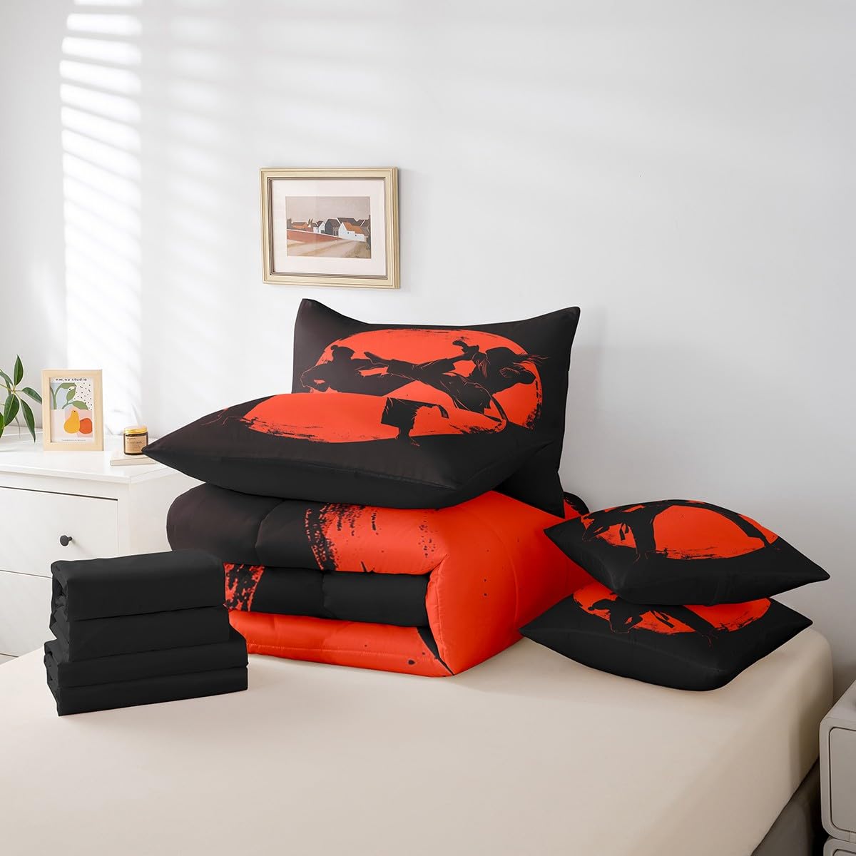 Feelyou Kids Taekwondo Comforter Set Full Size 7 Pieces Boys Girls Kungfu Bedding Set Martial Art Japanese Sports Japanese Style Bed in a Bag with Comforter, Sheets, Pillowcases & Cushion Cover