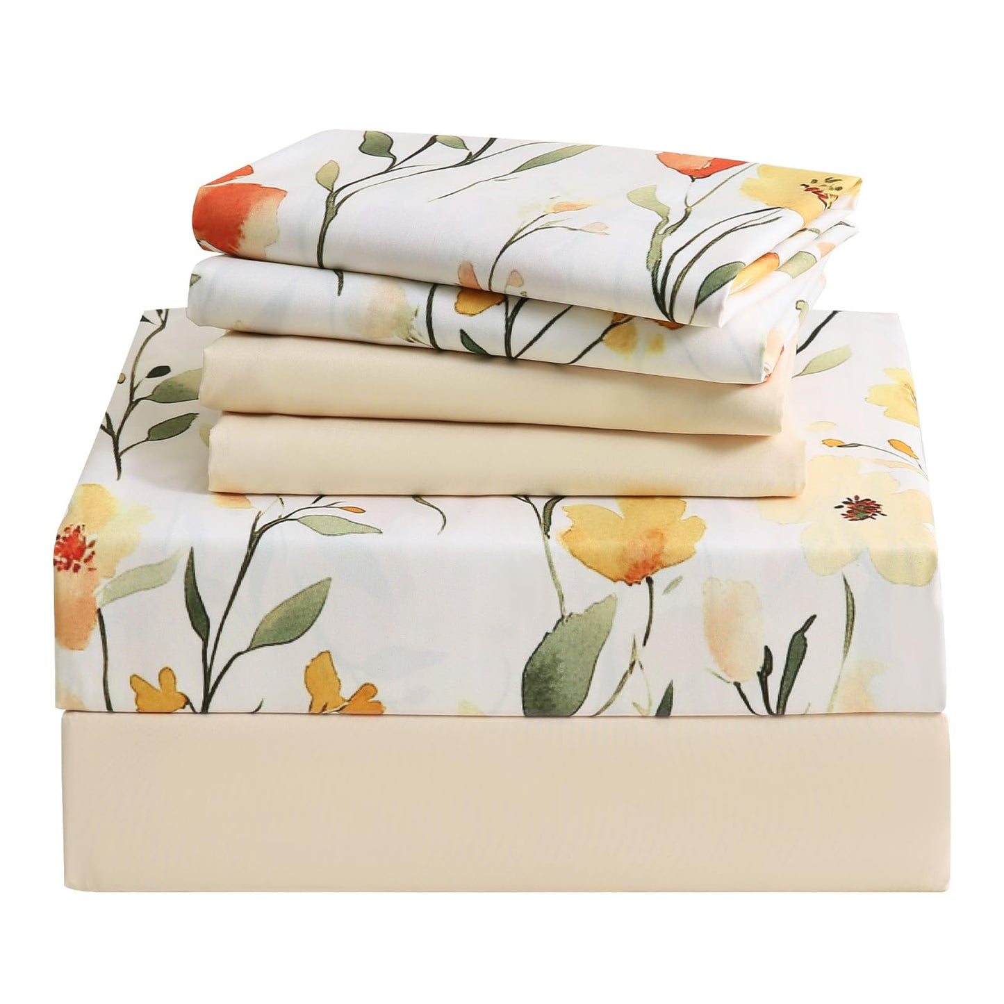Botanical 6-Piece King Size Sheets Set, Boho Floral Print Brushed Microfiber Sheets, Cooling Bed Sheet Set, Ultra Soft & Breathable, 16' Deep Pocket Fitted Sheet & Pillowcase Set, Beige Floral