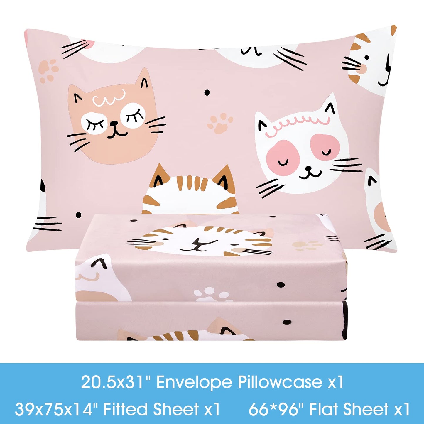 BYSURE Twin Sheets Set Kids(Cat Kitties, Pink), 3 Pieces Easy Fit Deep Pocket Sheets Set, Breathable Wrinkle-Free Microfiber Bedding for Children
