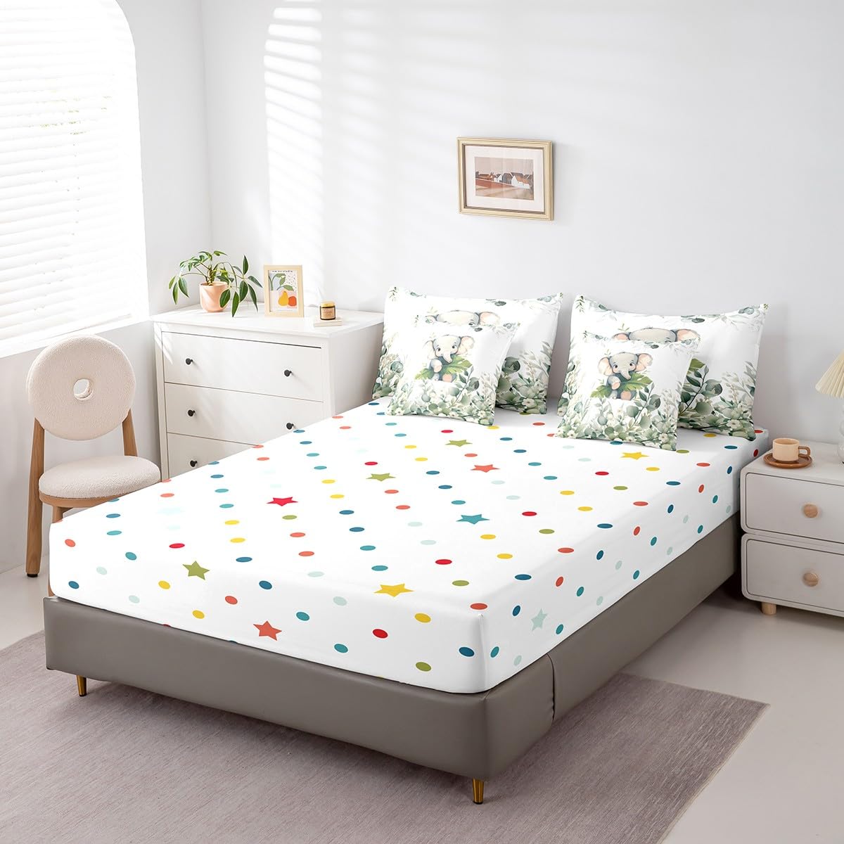 Erosebridal Cute Elephant Twin Comforter Set 7 Pieces for Kids Green Eucalyptus Bedding Comforter Sets, Woodland Animal Bed in a Bag Botanical Plant Leaves Bedding Set, Cartoon Wildlife Bed Sheets Set