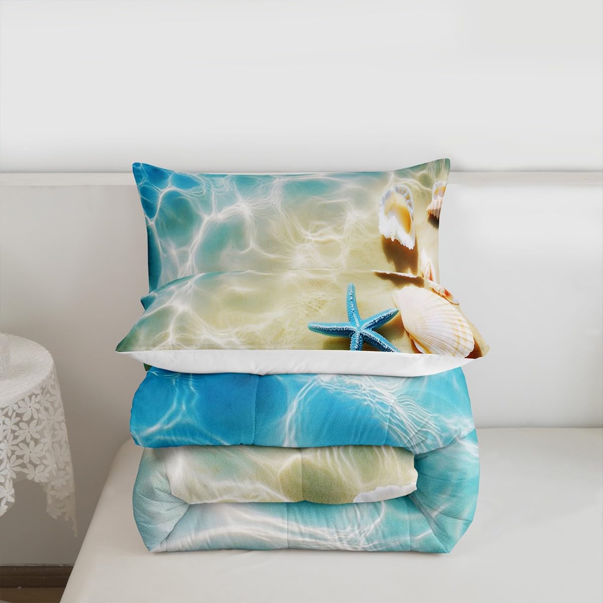 Ocean Comforter Set Queen Beach Bedding Coastal Nature Theme Pattern Teal Duvet Set Boys Girls Hawaiian Quilt Sets Sea Wave Animals Starfish Reversible Comforter Set 2 Pillowcases, Blue Room Decor