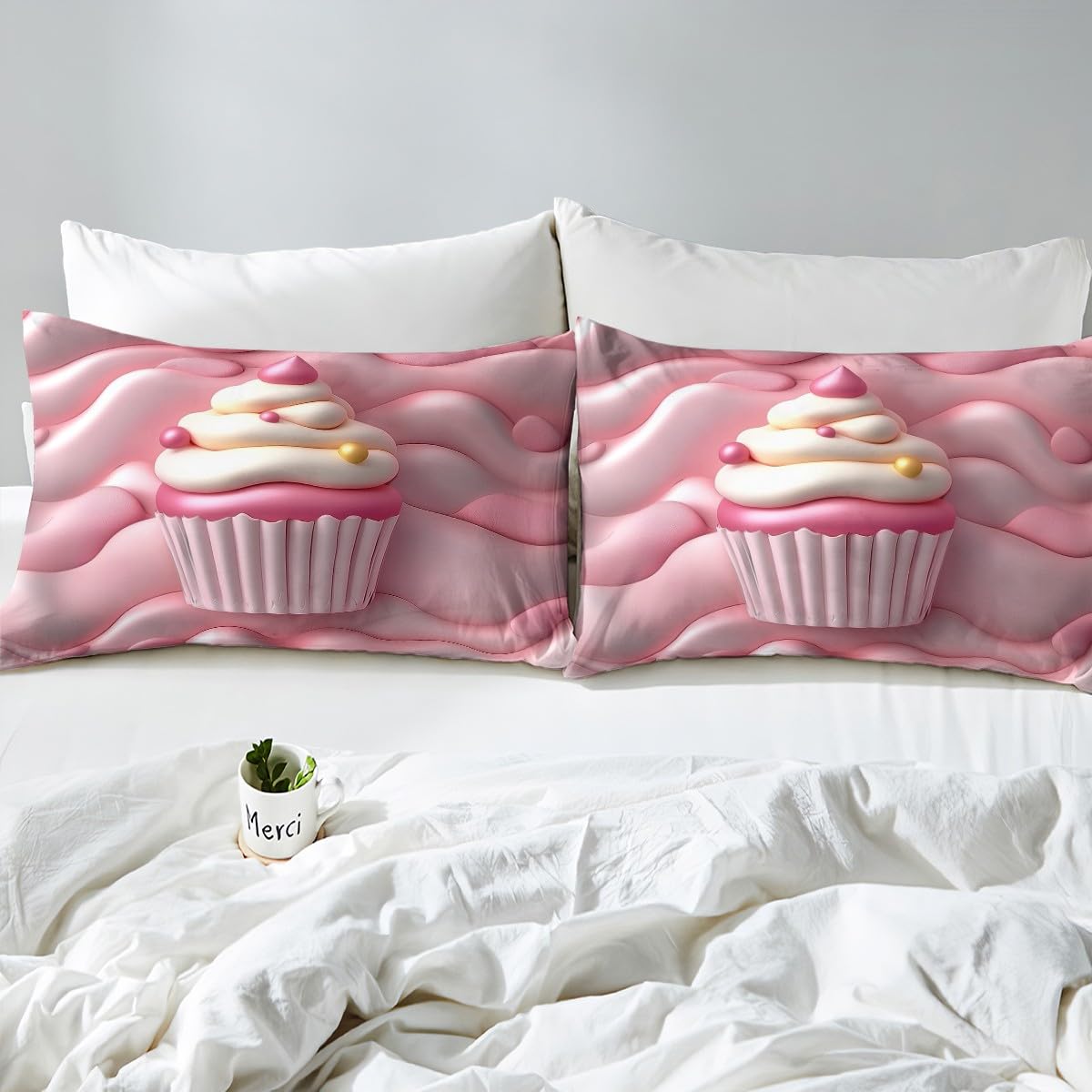 Erosebridal Cute Cake Bed Sheets Set Full for Girls,Lovely Dessert Flat Fitted Sheet Kawaii Decor, Pink Girly Bed Set for Kids Adult, Soft Microfiber Bedding Sets for Bedroom, 2 Pillow Cases
