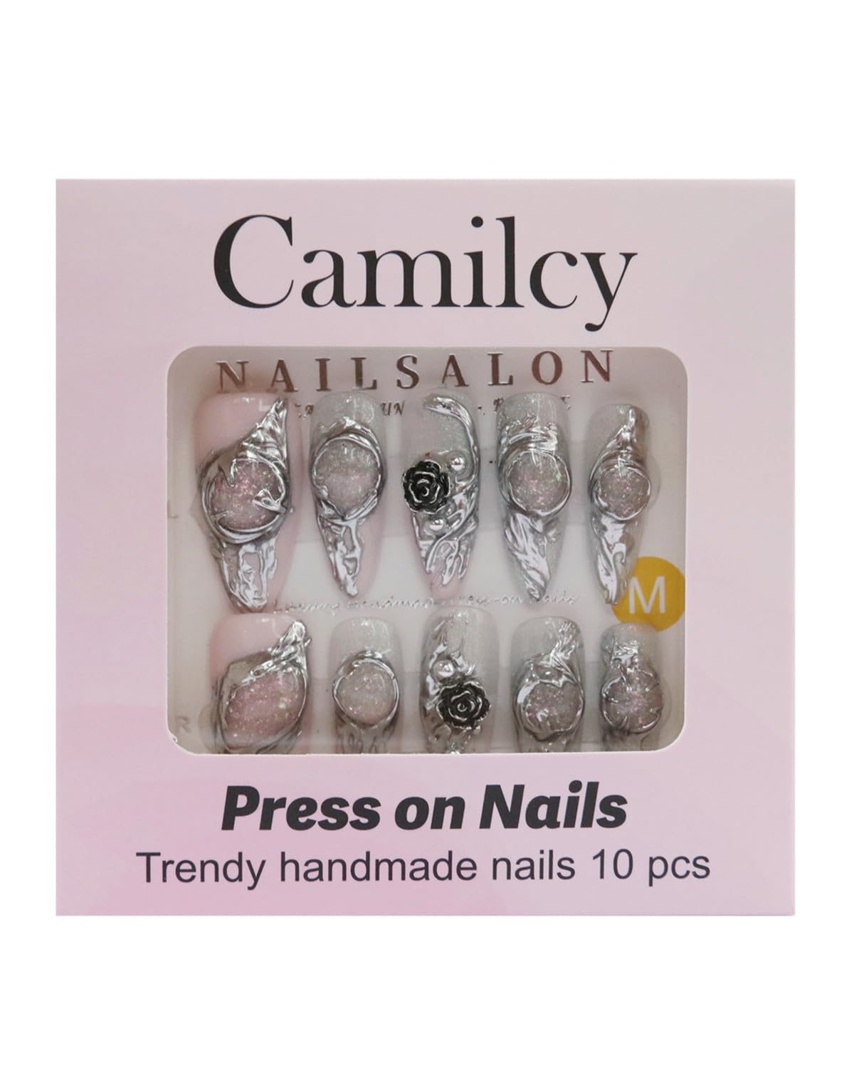 CAMILCY Luxury Handmade Press on Nails Y2K Gothic Press on Nails Almond Shape Handmade Chrome Silver Metallic Fake Nails 3D Black Rose Glitter Pink Acrylic Stick on Nails for Women(A69, M)