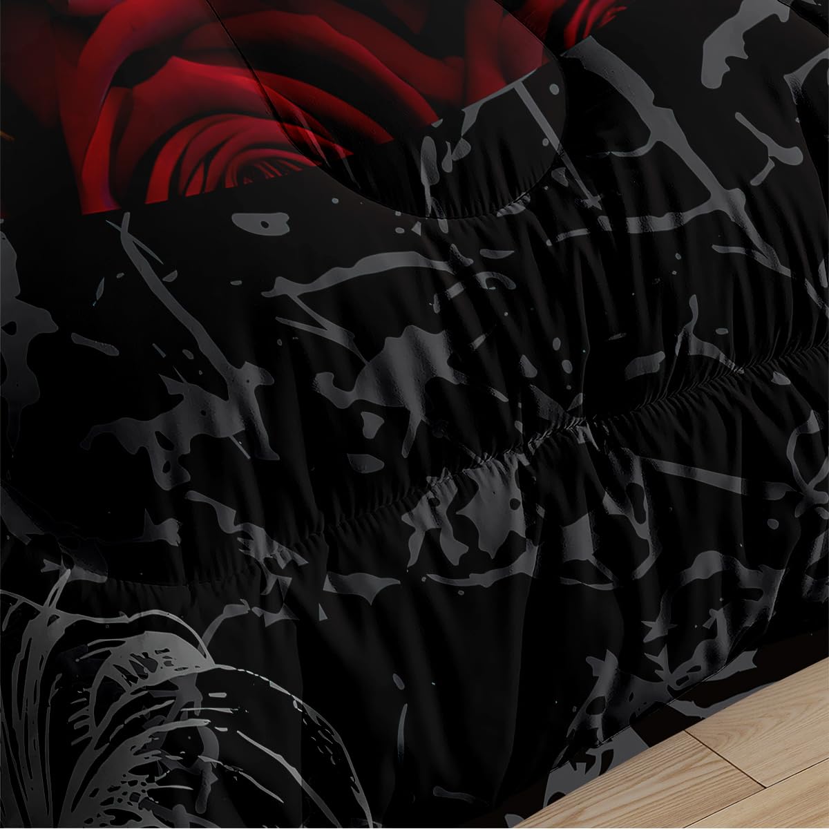 CCoutueChen Black Red Rose Lips Comforter Set Queen Size 3 Pieces, Gothic Floral Bedding Set, Dark Romantic Red Rose Print Comforter, Soft Microfiber All Season Bedroom Decor with 2 Pillow Shams