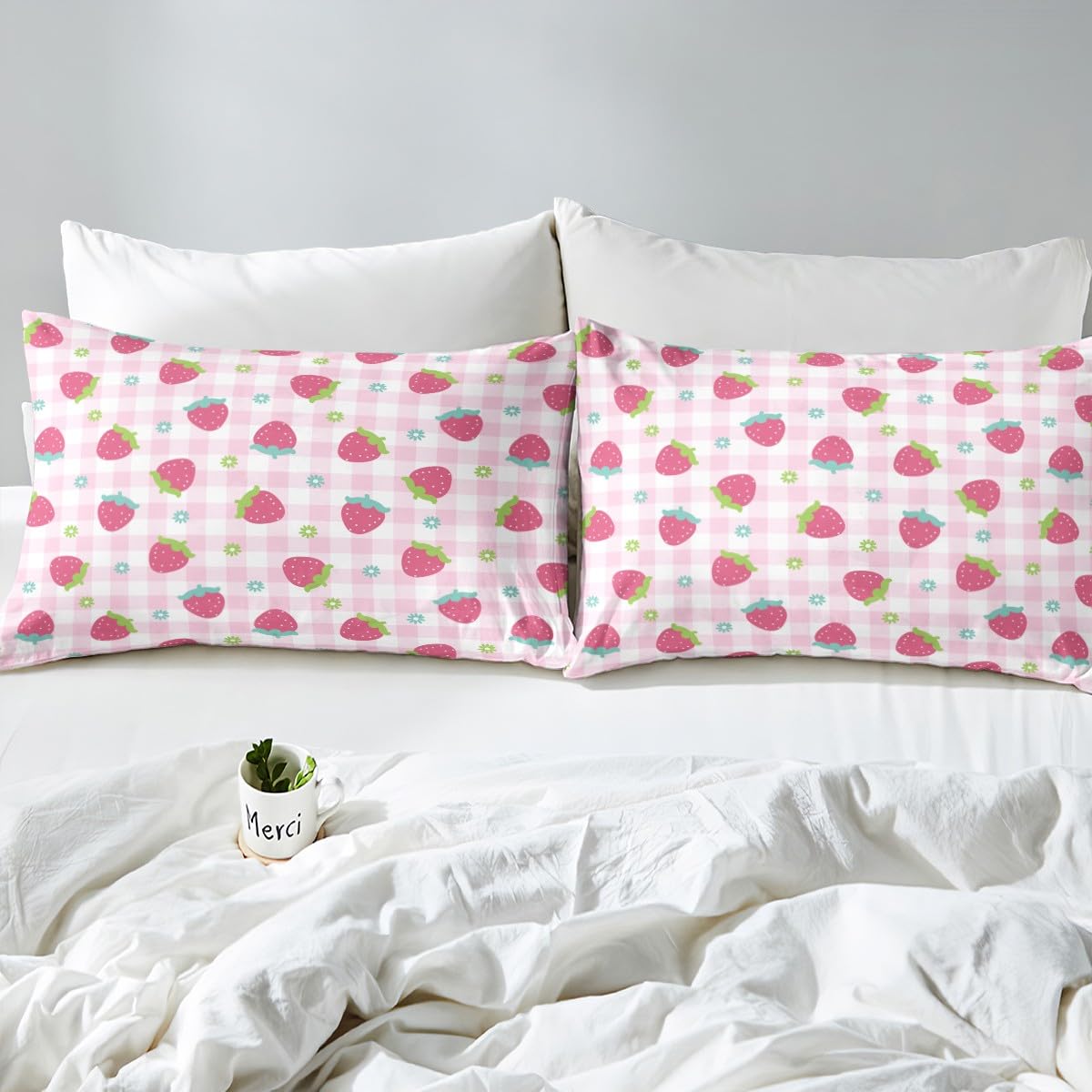 Girls Strawberry Bed Sheet Set Twin Kids Pink Buffalo Check Bedding Set Cute Strawberries Fruit Fitted Sheet Kawaii Room Decor Soft Geometric Grid Plaid Bed Cover with 1 Pillow Case, No Flat Sheet