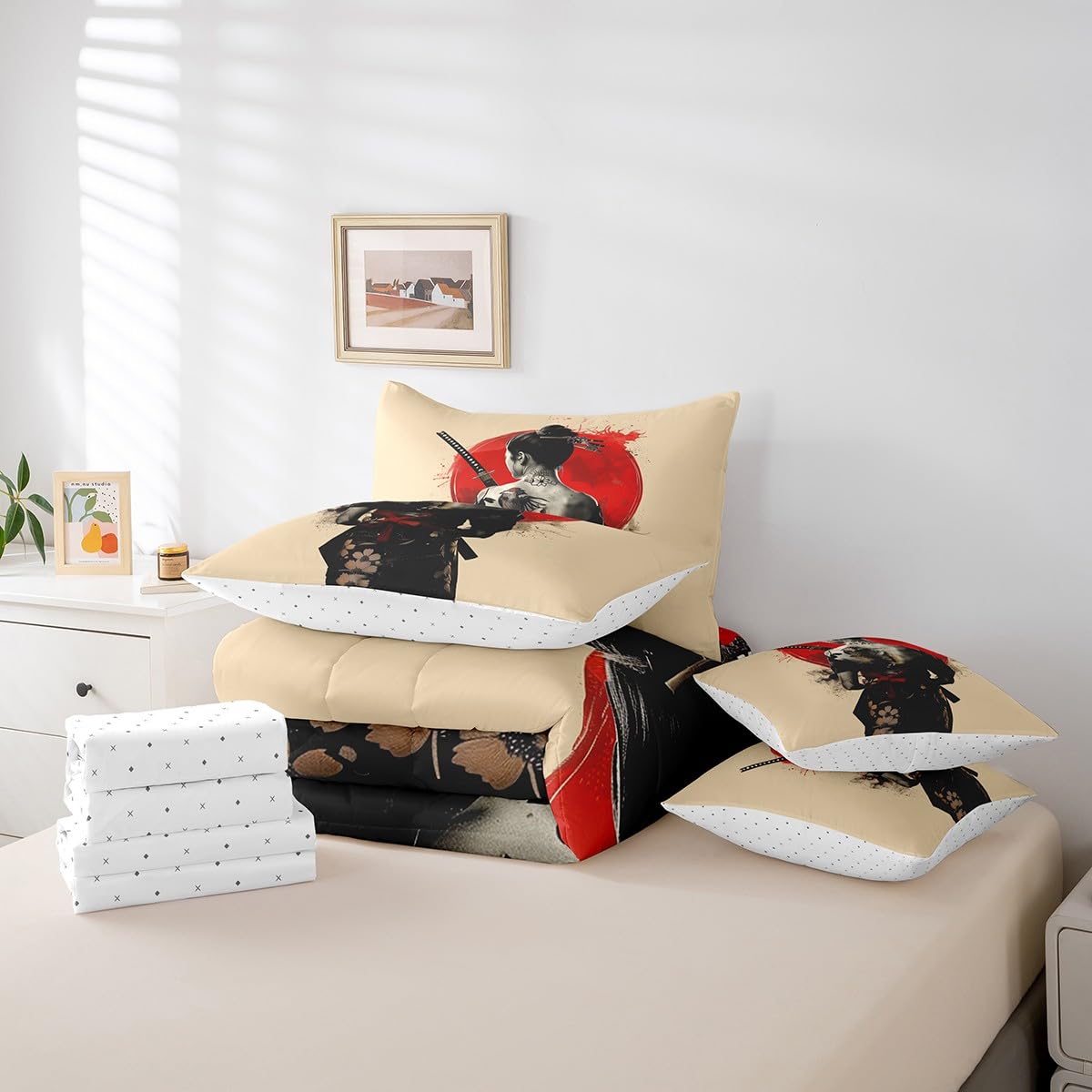 Feelyou Kids Japanese Geishas Comforter Set Twin Size 7 Pieces Red Sunset Bedding Set Japanese Style Japanese Tradition Aesthetic Bed in a Bag with Comforter, Sheets, Pillowcases & Cushion Cover