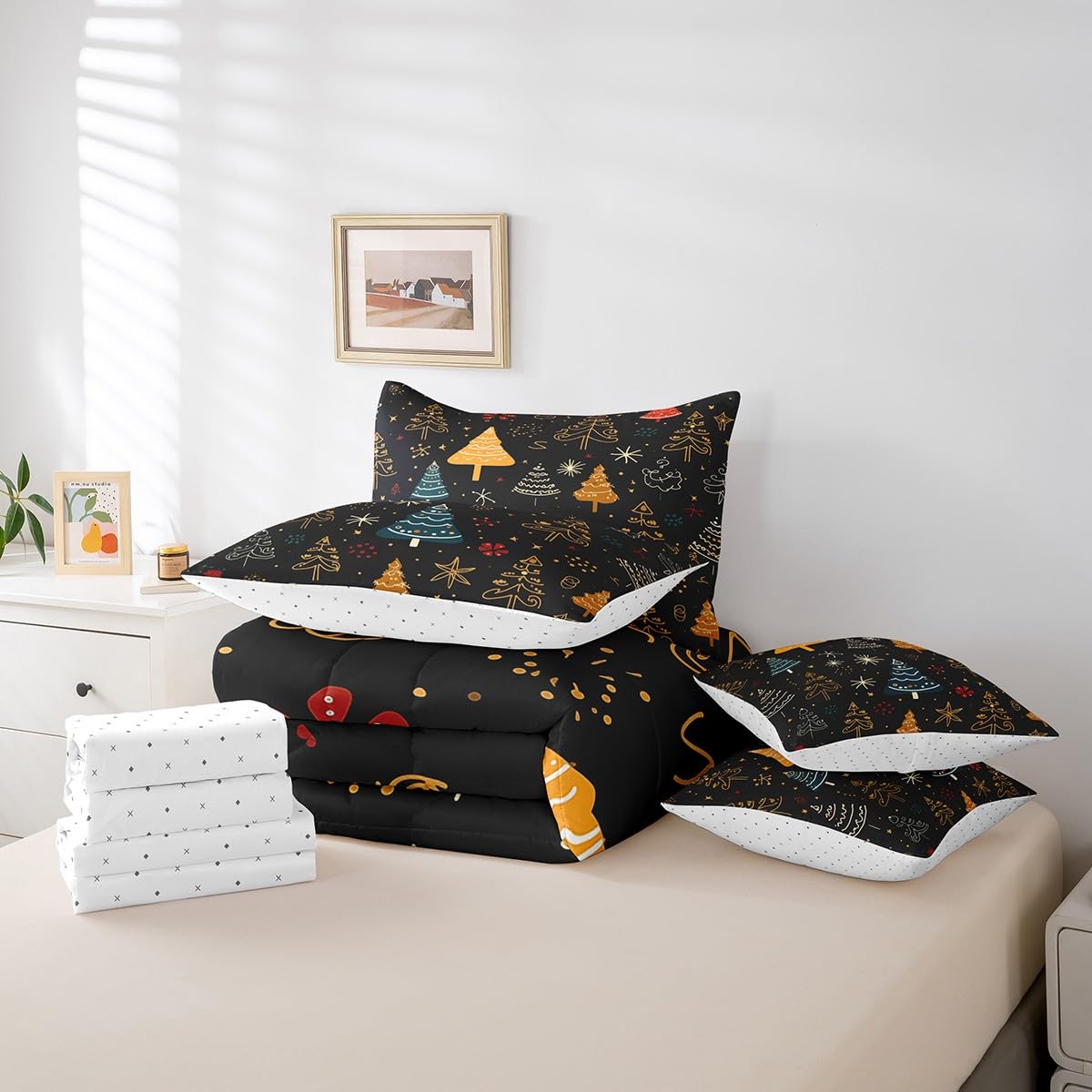 Erosebridal Christmas Theme Bedding Full Size 7Pcs for Kids Boys Girls Xmas Tree Comforter Set,Glitter Stars Bed in A Bag Black Comforter Set with Sheets,Cartoon Hand Drawn Bed Set for All Seasons