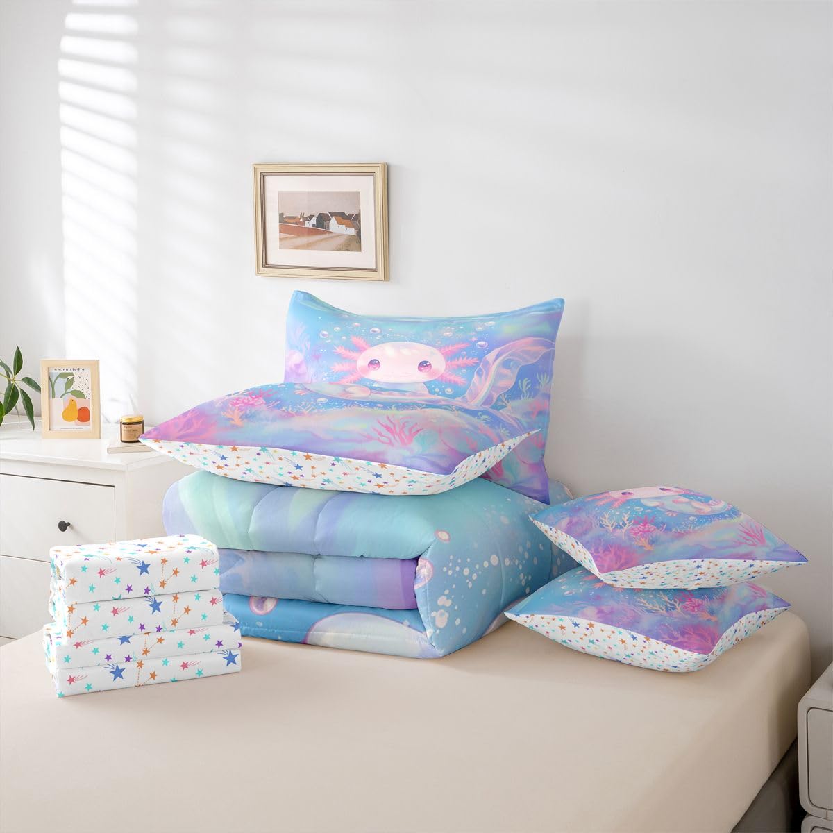 Erosebridal Coral Axolotl Ombre Cute Purple Blue Kids 7 Piece Bedding Set Twin | Salamander Cartoon Comforter Set with Sheets Ocean Sealife Kawaii Bed in A Bag Seaweed Bed Sets