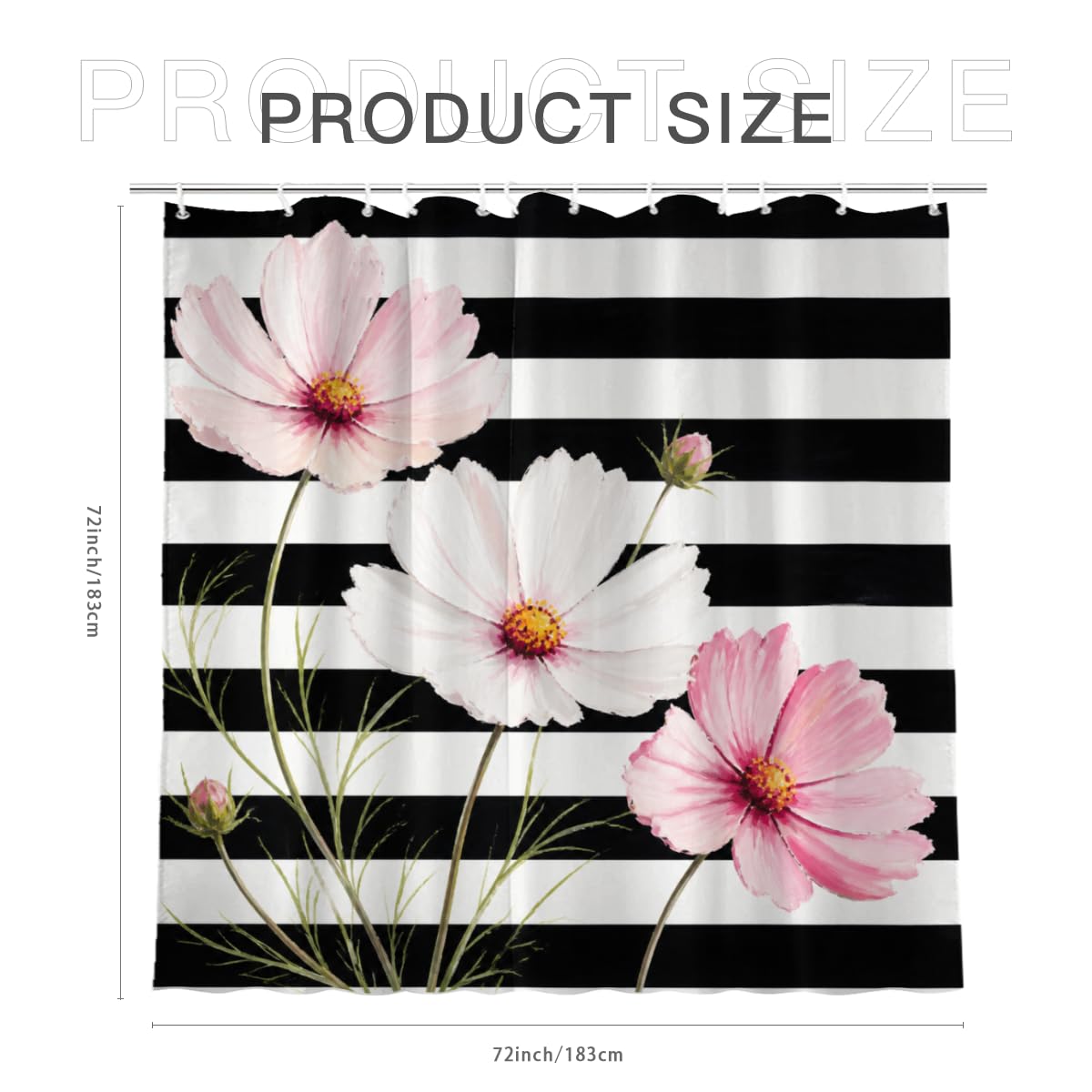TopPacific Cosmos Flower Stripe Shower Curtain 72x72 Inch Shower Curtain with 12 Hooks Polyester Pink Cosmos Flowers Green Stems Black White Stripes Bathroom Decor